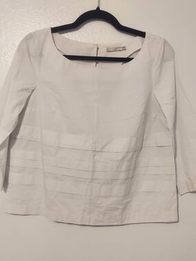 COS Women's White Pleated Panel Scoop Neck 3/4 Sleeve Cotton Blouse